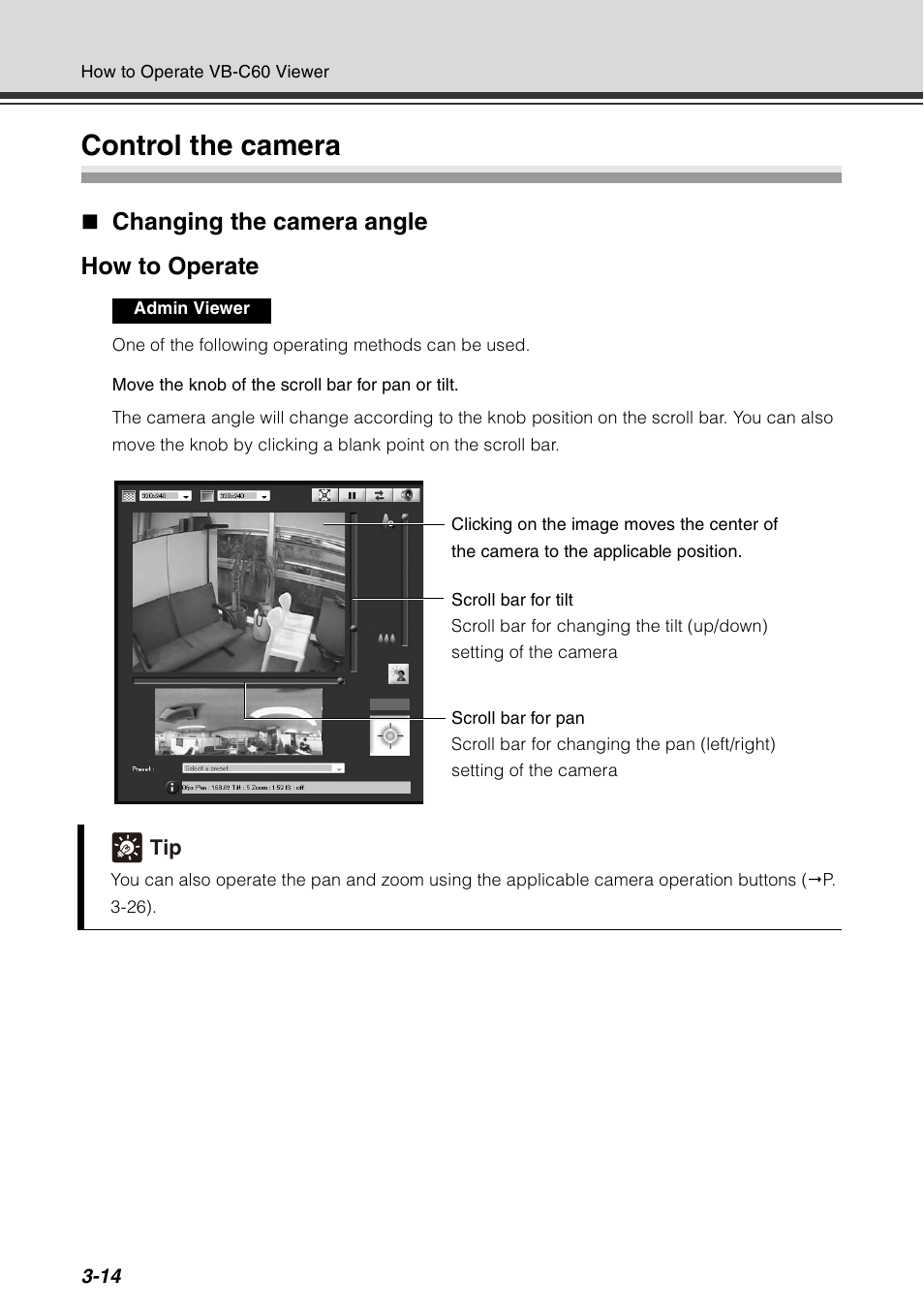 Control the camera, Control the camera -14, Changing the camera angle how to operate | Canon VB-C60 User Manual | Page 130 / 198
