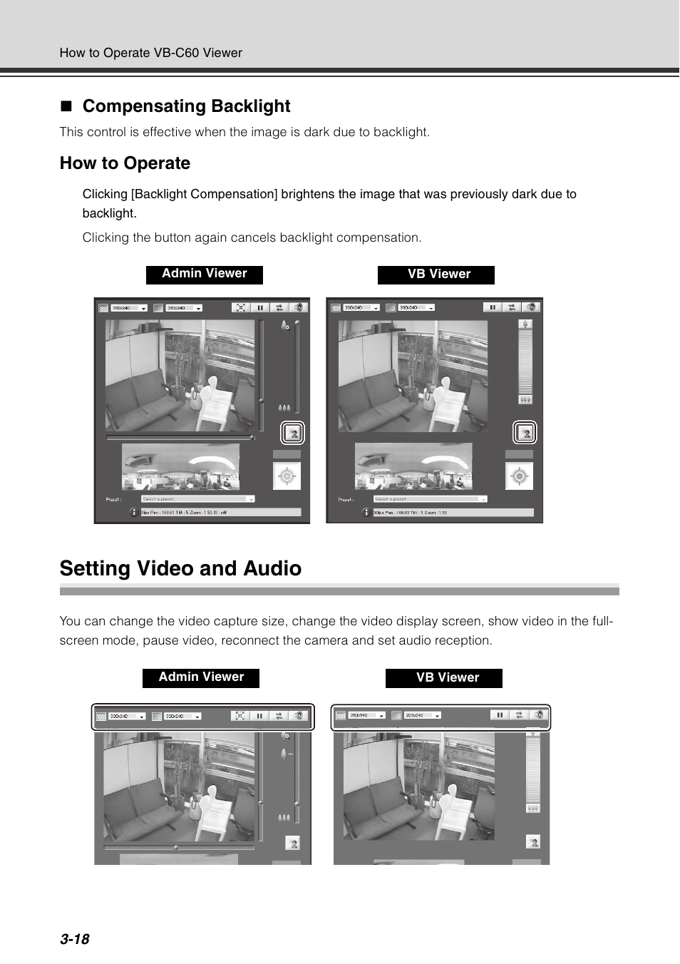 Setting video and audio, Setting video and audio -18, Compensating backlight | How to operate | Canon VB-C60 User Manual | Page 134 / 198