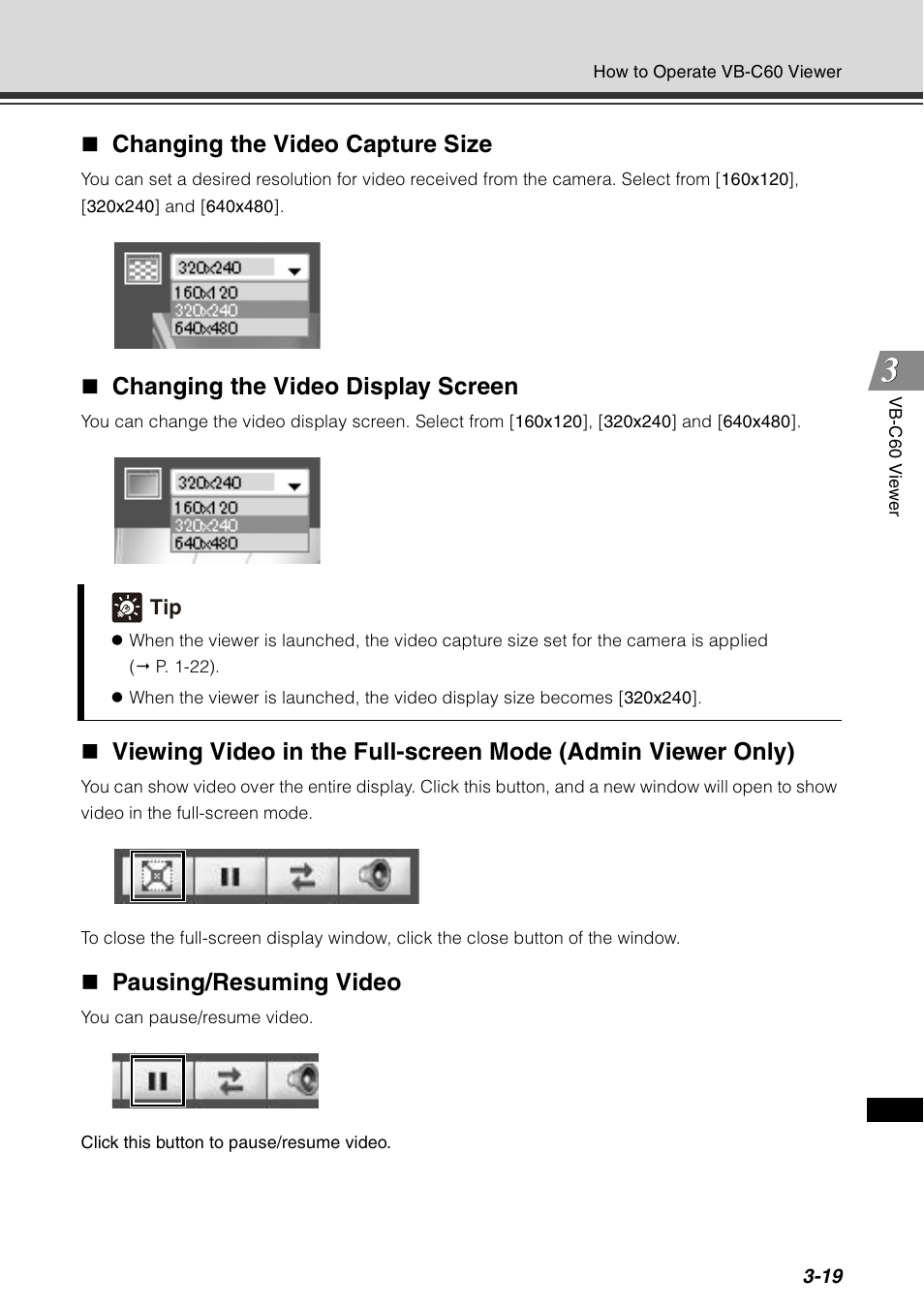 Changing the video capture size, Changing the video display screen, Pausing/resuming video | Canon VB-C60 User Manual | Page 135 / 198