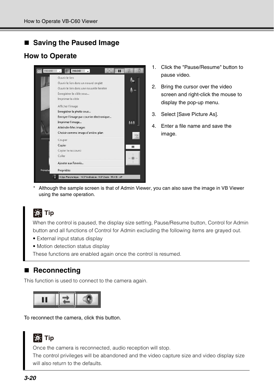 Saving the paused image how to operate, Reconnecting | Canon VB-C60 User Manual | Page 136 / 198