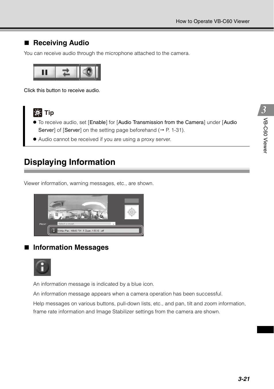 Displaying information, Displaying information -21, Receiving audio | Information messages | Canon VB-C60 User Manual | Page 137 / 198