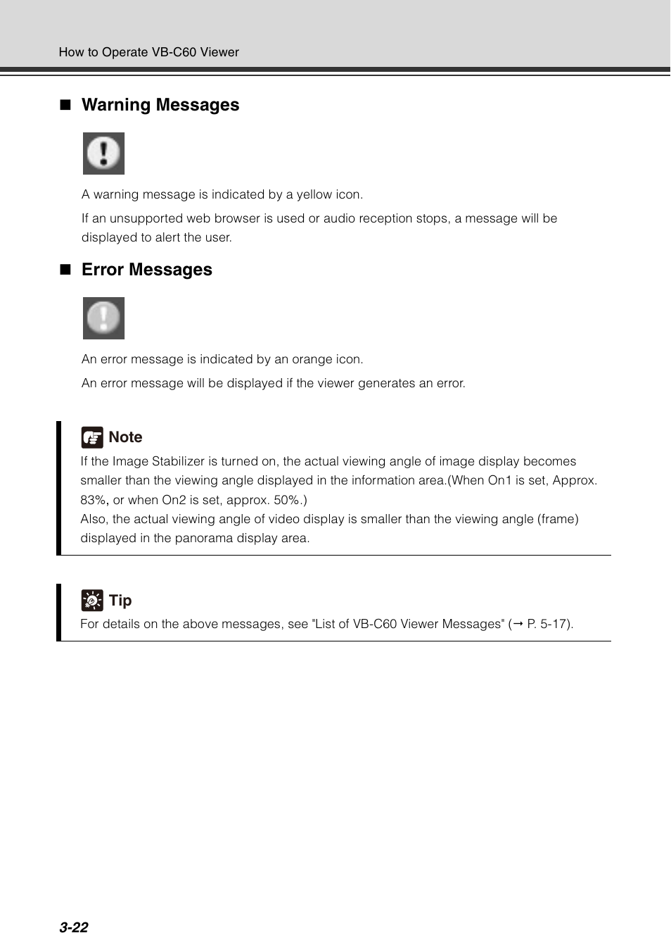 Warning messages, Error messages | Canon VB-C60 User Manual | Page 138 / 198