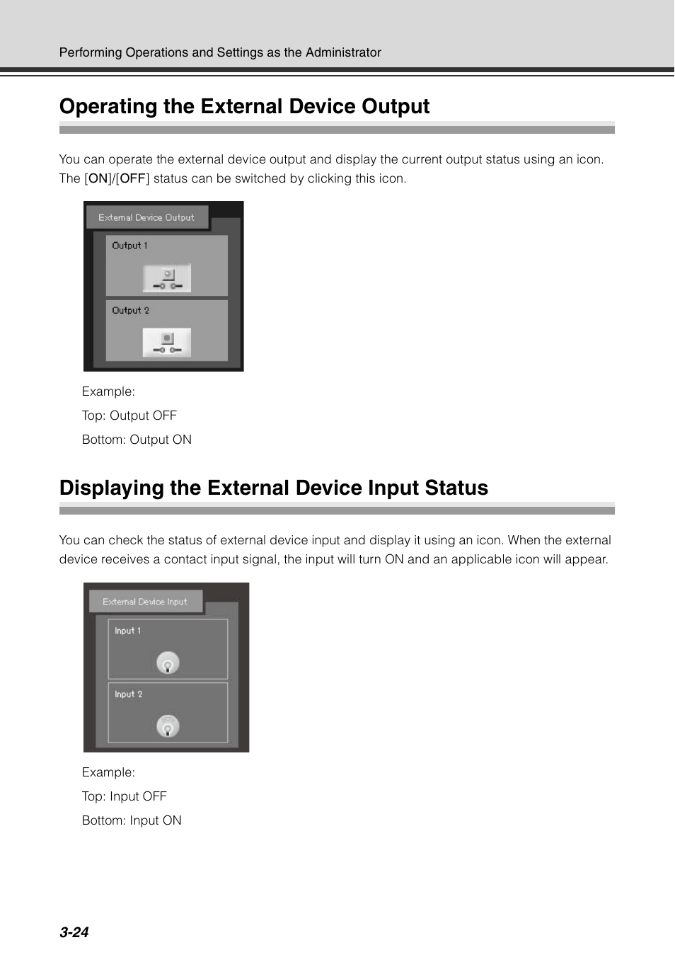 Operating the external device output, Displaying the external device input status | Canon VB-C60 User Manual | Page 140 / 198