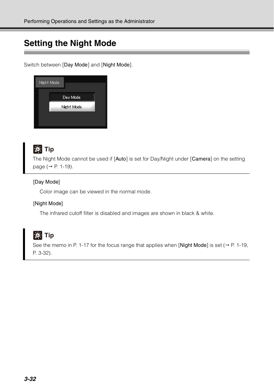 Setting the night mode, Setting the night mode -32, P. 3-32) i | Canon VB-C60 User Manual | Page 148 / 198