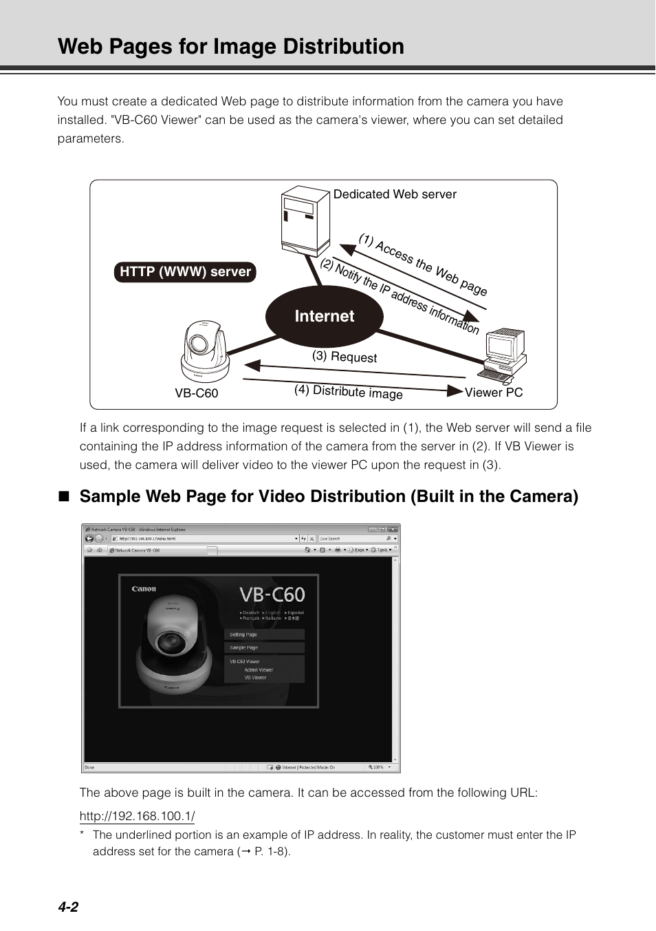 P. 4-2), Web pages for image distribution, Internet | Canon VB-C60 User Manual | Page 150 / 198