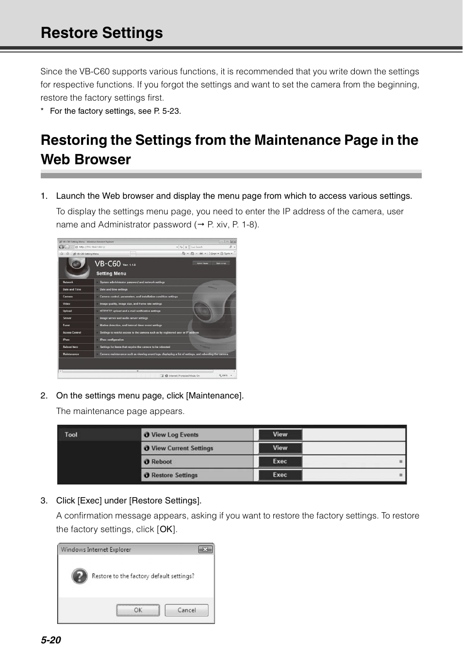 Restore settings, Restore settings -20 | Canon VB-C60 User Manual | Page 184 / 198