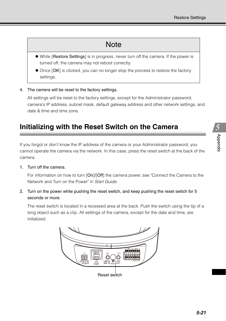 Initializing with the reset switch on the camera, P. 5-21 | Canon VB-C60 User Manual | Page 185 / 198