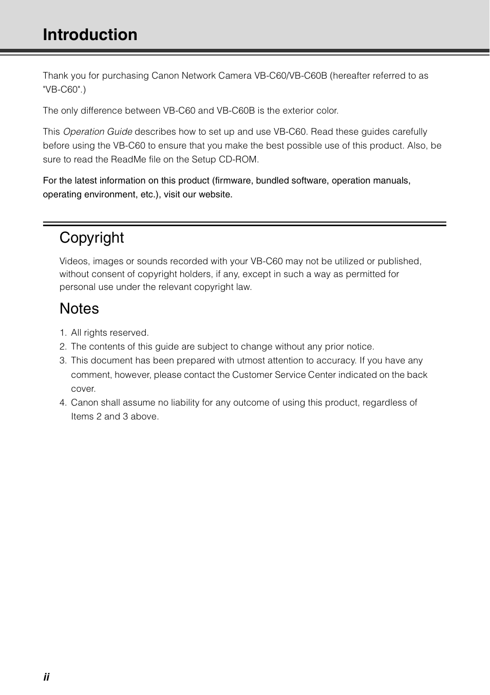 Introduction, Copyright | Canon VB-C60 User Manual | Page 2 / 198