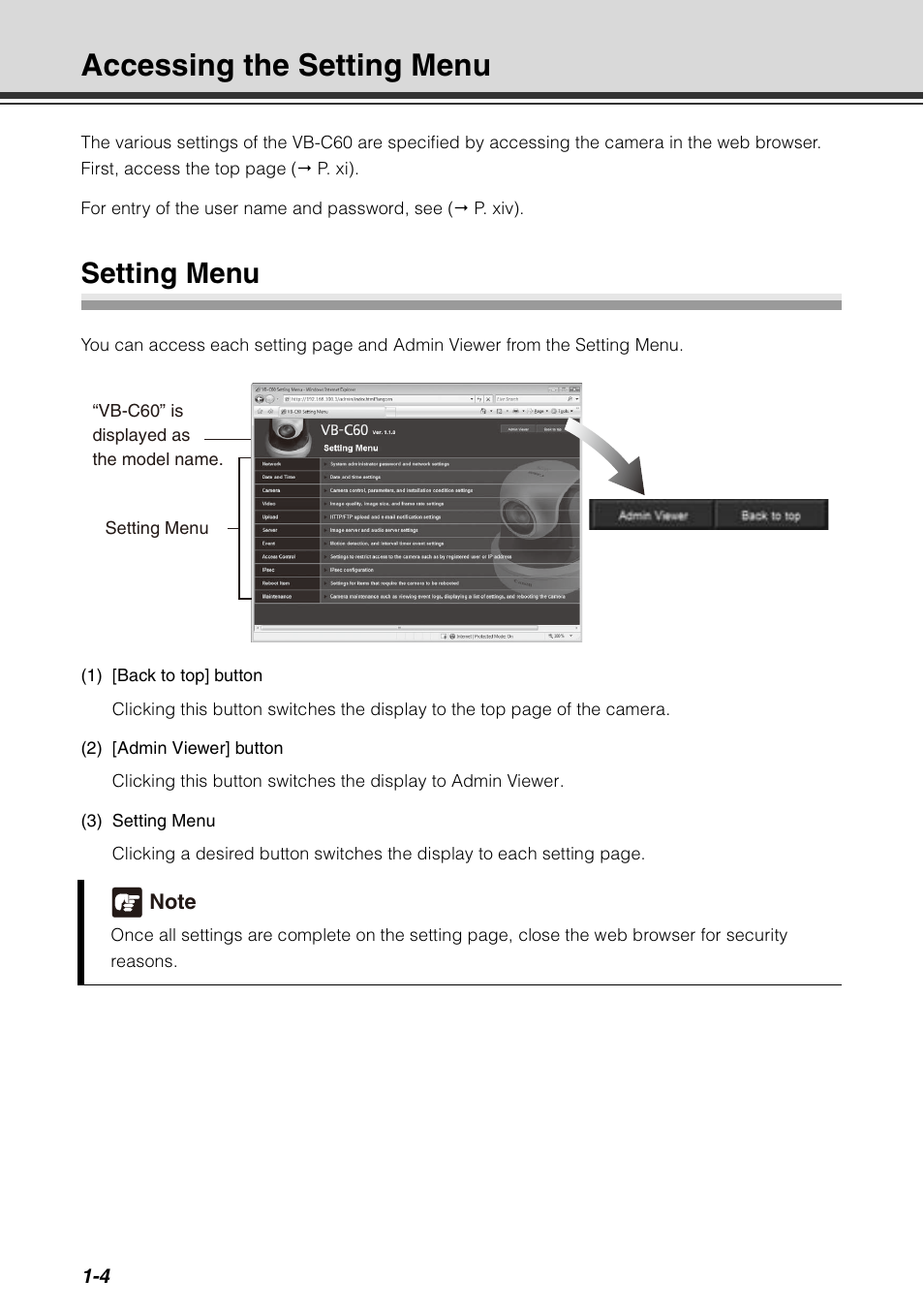 Accessing the setting menu, Setting menu, Accessing the setting menu -4 | Setting menu -4, See "setting menu | Canon VB-C60 User Manual | Page 20 / 198