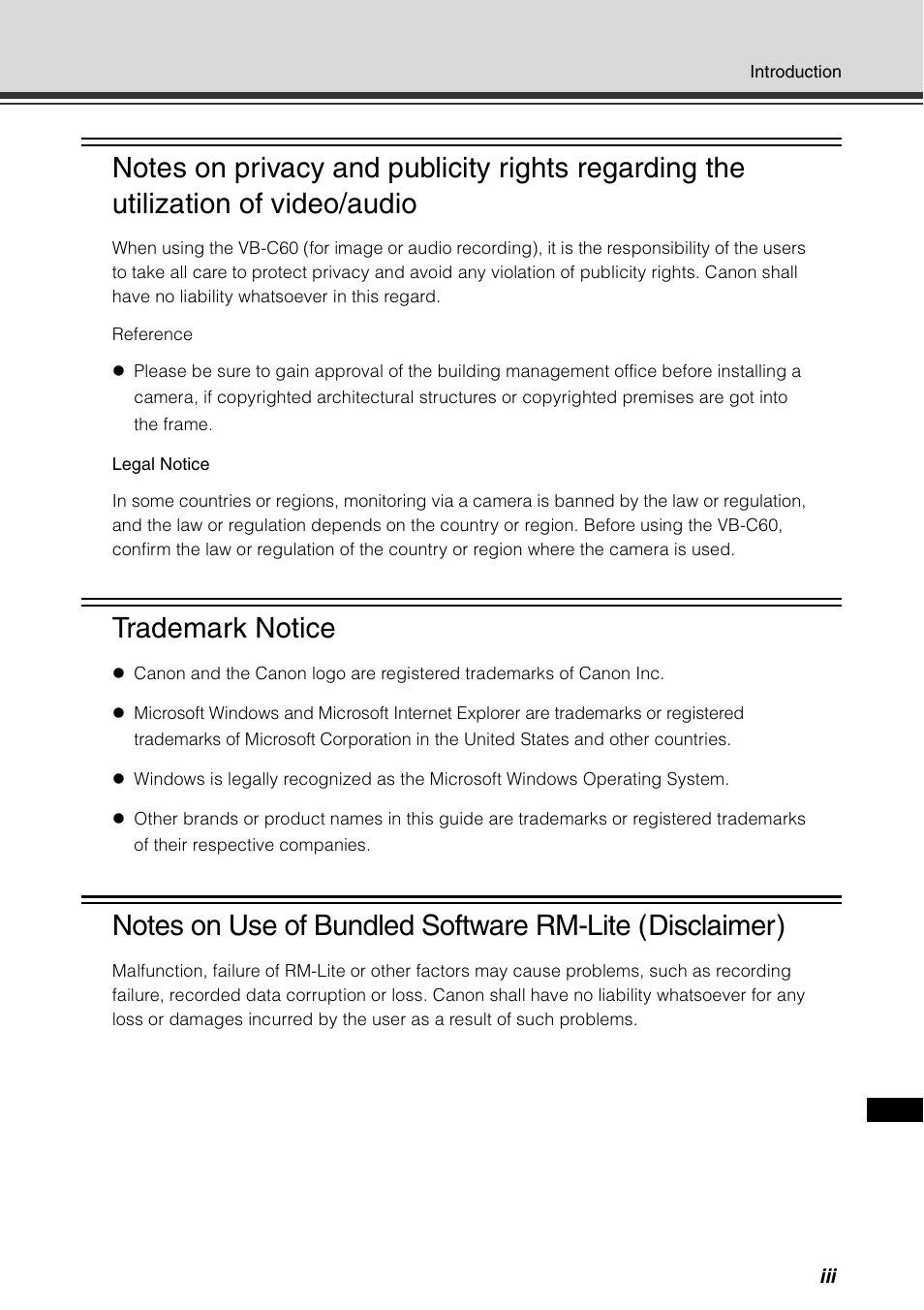 Trademark notice | Canon VB-C60 User Manual | Page 3 / 198