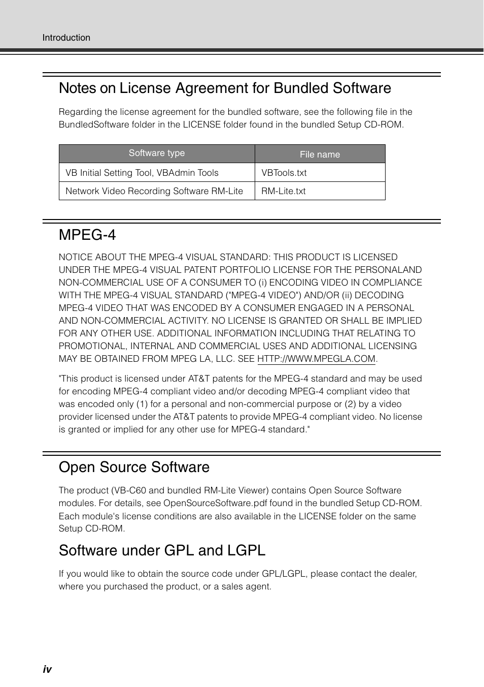 Mpeg-4, Open source software, Software under gpl and lgpl | Canon VB-C60 User Manual | Page 4 / 198