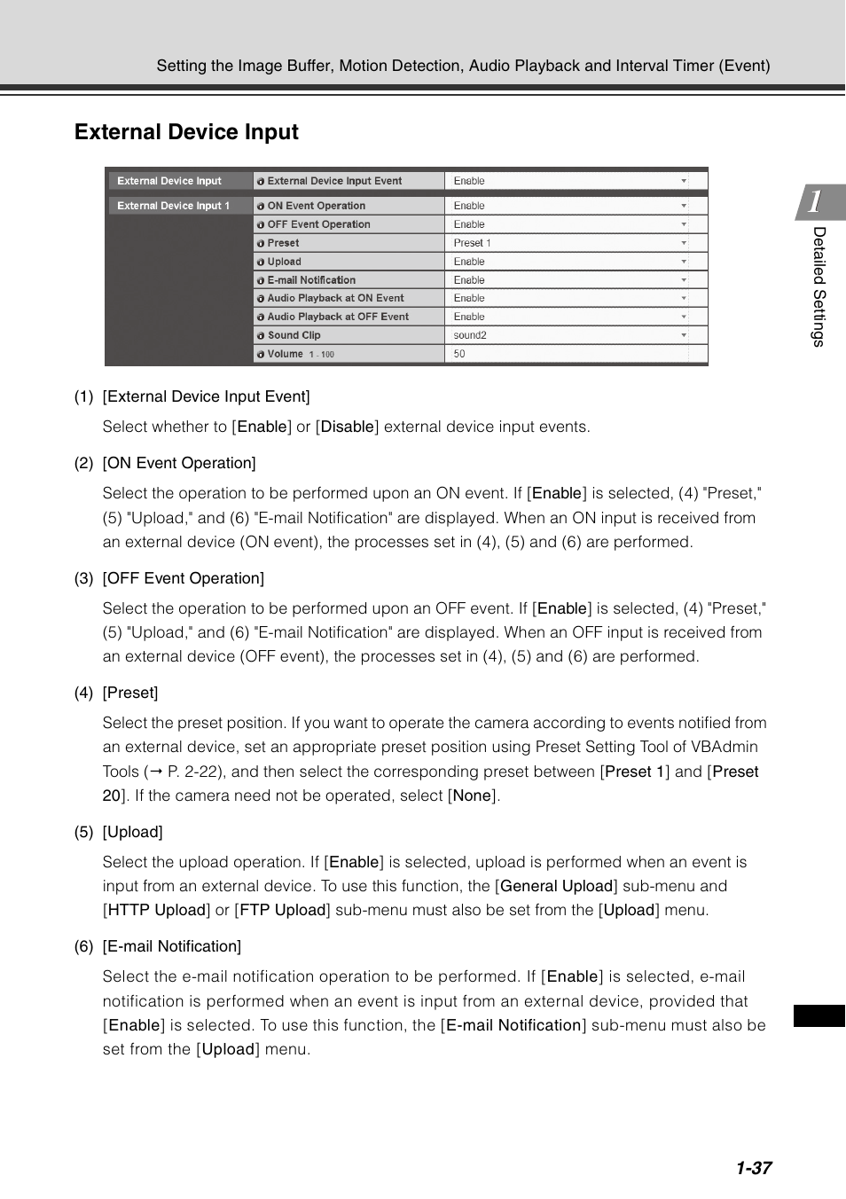 P. 1-37), External device input | Canon VB-C60 User Manual | Page 53 / 198