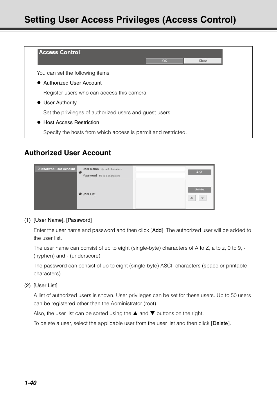 Setting user access privileges (access control), P. 1-40), Authorized user account | Canon VB-C60 User Manual | Page 56 / 198