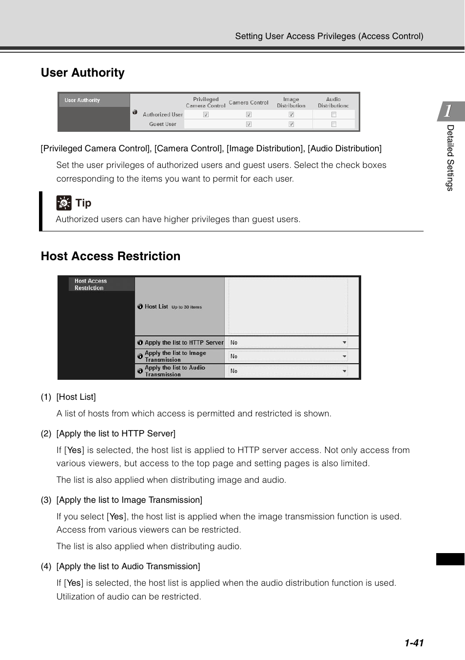 User authority, Host access restriction | Canon VB-C60 User Manual | Page 57 / 198