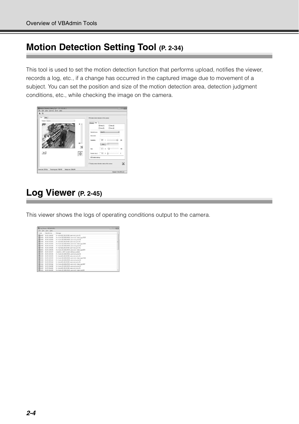 Motion detection setting tool, Log viewer, Motion detection setting tool -4 log viewer -4 | Canon VB-C60 User Manual | Page 70 / 198