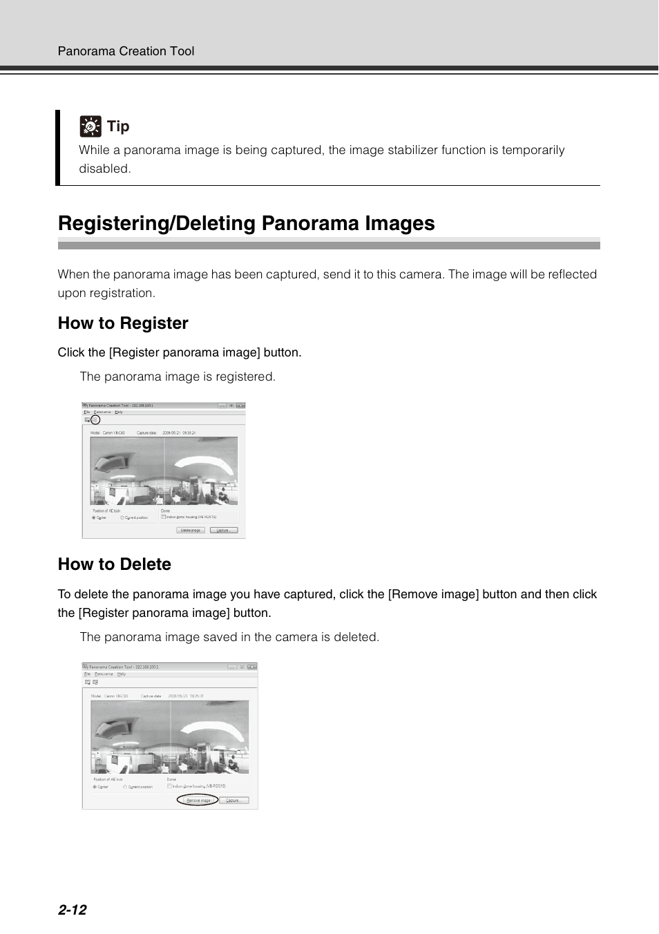 Registering/deleting panorama images, Registering/deleting panorama images -12, How to register | How to delete | Canon VB-C60 User Manual | Page 78 / 198