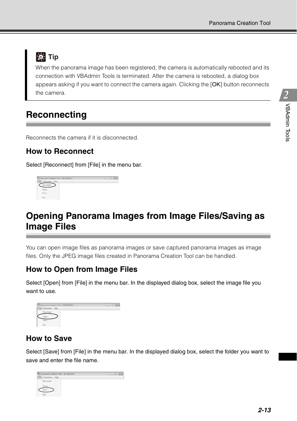 Reconnecting, How to reconnect, How to open from image files | How to save | Canon VB-C60 User Manual | Page 79 / 198