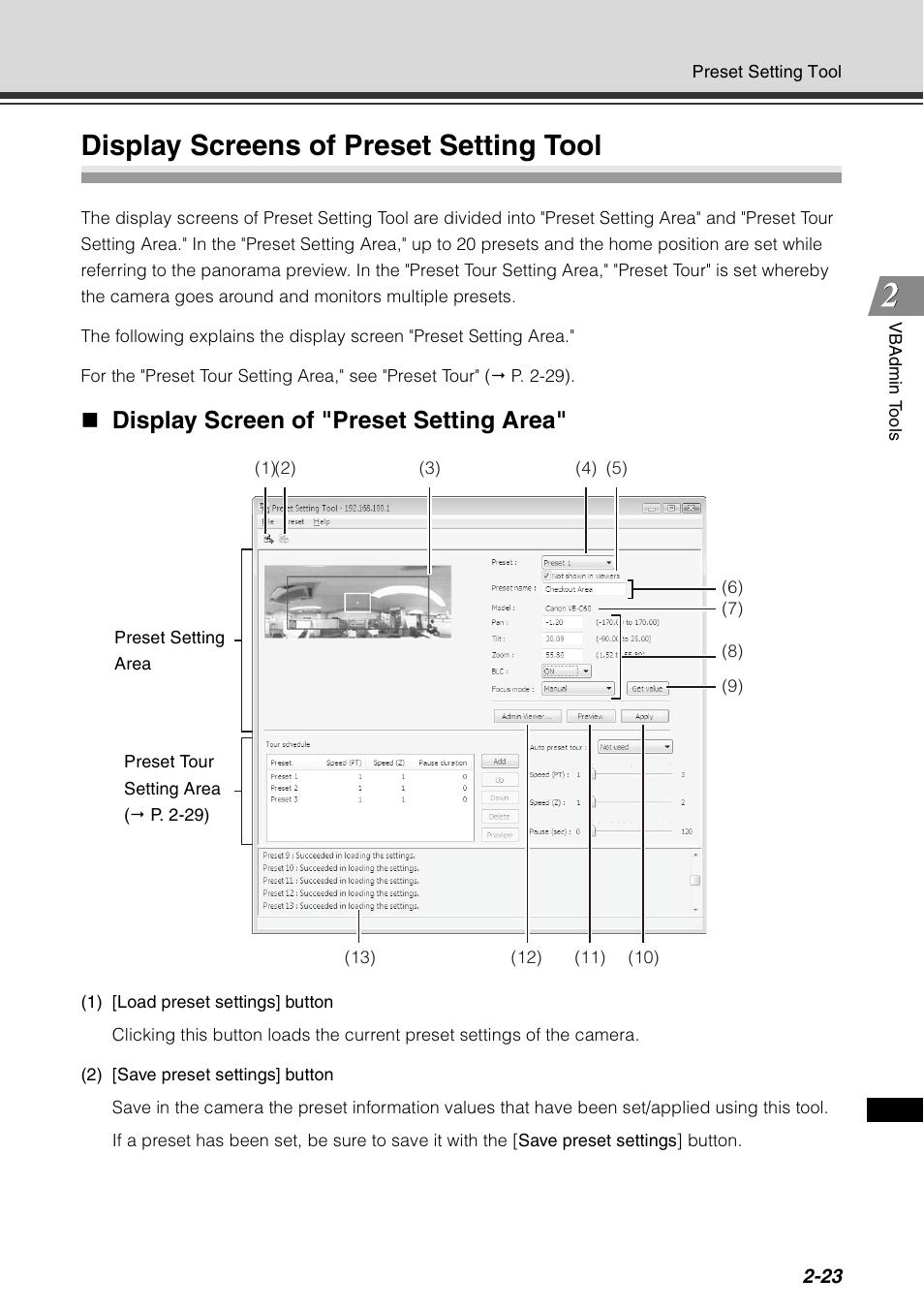 Display screens of preset setting tool, Display screens of preset setting tool -23, Display screen of "preset setting area | Canon VB-C60 User Manual | Page 89 / 198