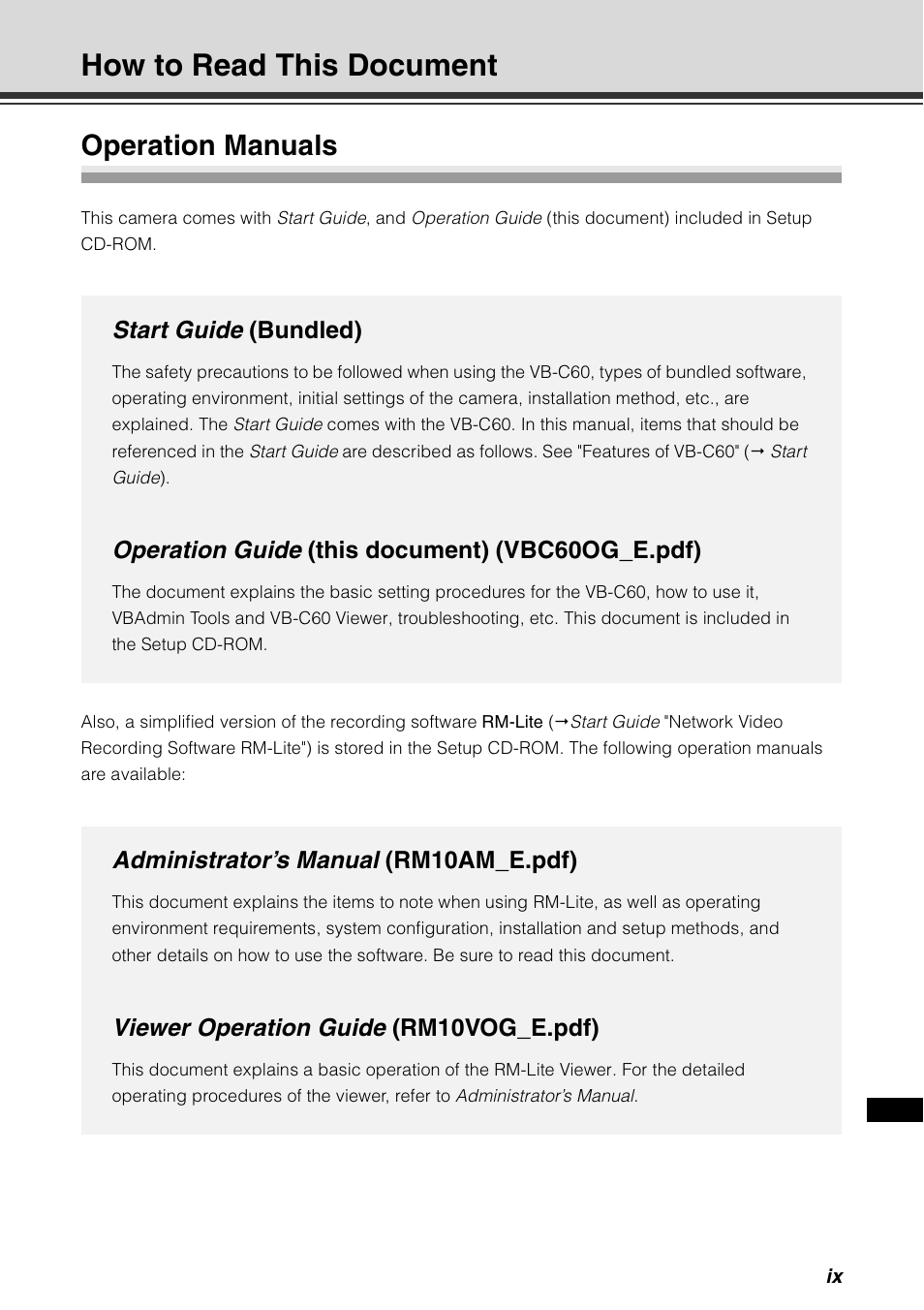 How to read this document, Operation manuals, Start guide (bundled) | Operation guide (this document) (vbc60og_e.pdf), Administrator’s manual (rm10am_e.pdf), Viewer operation guide (rm10vog_e.pdf) | Canon VB-C60 User Manual | Page 9 / 198