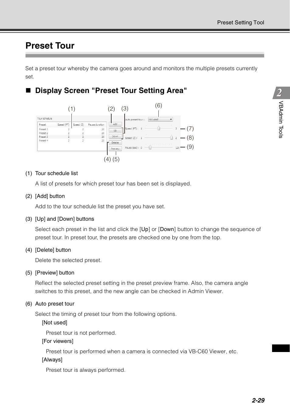 Preset tour, Preset tour -29, Display screen "preset tour setting area | Canon VB-C60 User Manual | Page 95 / 198