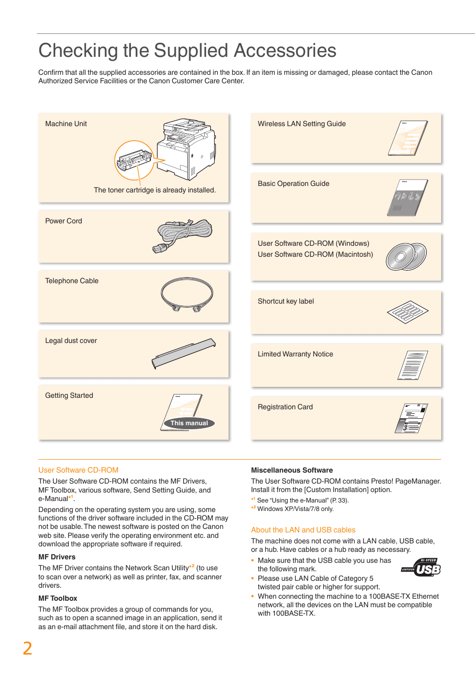 Checking the supplied accessories | Canon Color imageCLASS MF8580Cdw User Manual | Page 2 / 36