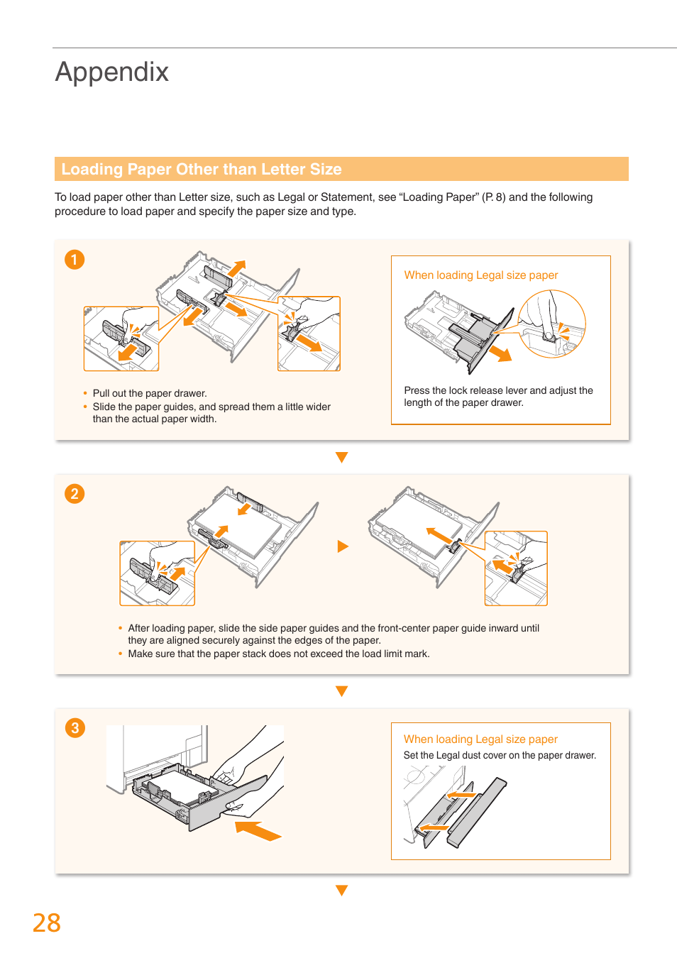 Appendix, Loading paper other than letter size | Canon Color imageCLASS MF8580Cdw User Manual | Page 28 / 36