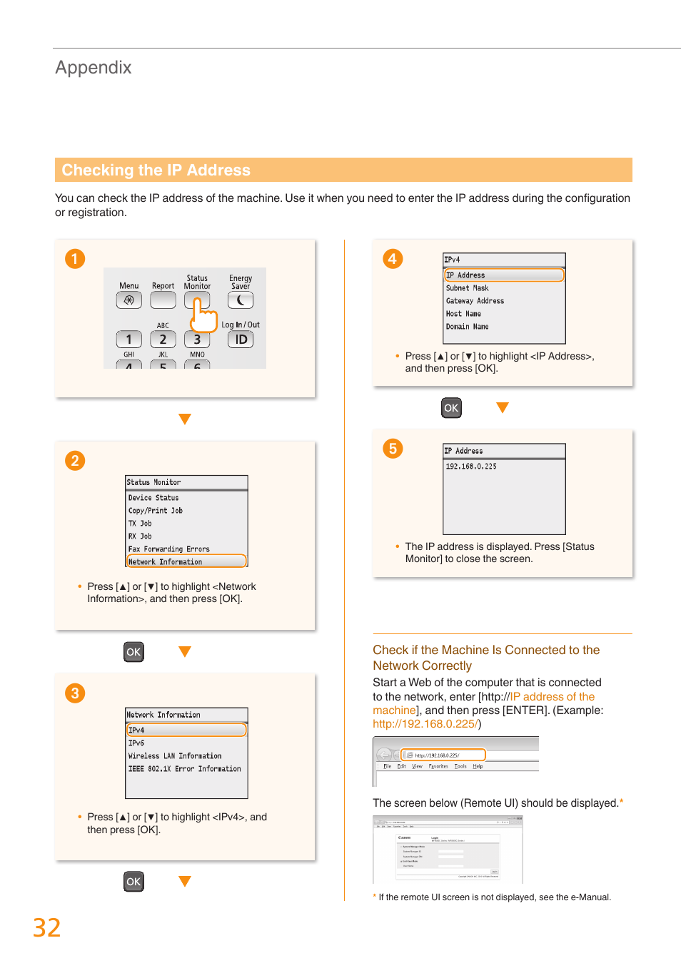 Appendix, Checking the ip address | Canon Color imageCLASS MF8580Cdw User Manual | Page 32 / 36