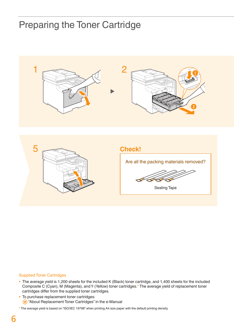 Preparing the toner cartridge 1 5 2 | Canon Color imageCLASS MF8580Cdw User Manual | Page 6 / 36