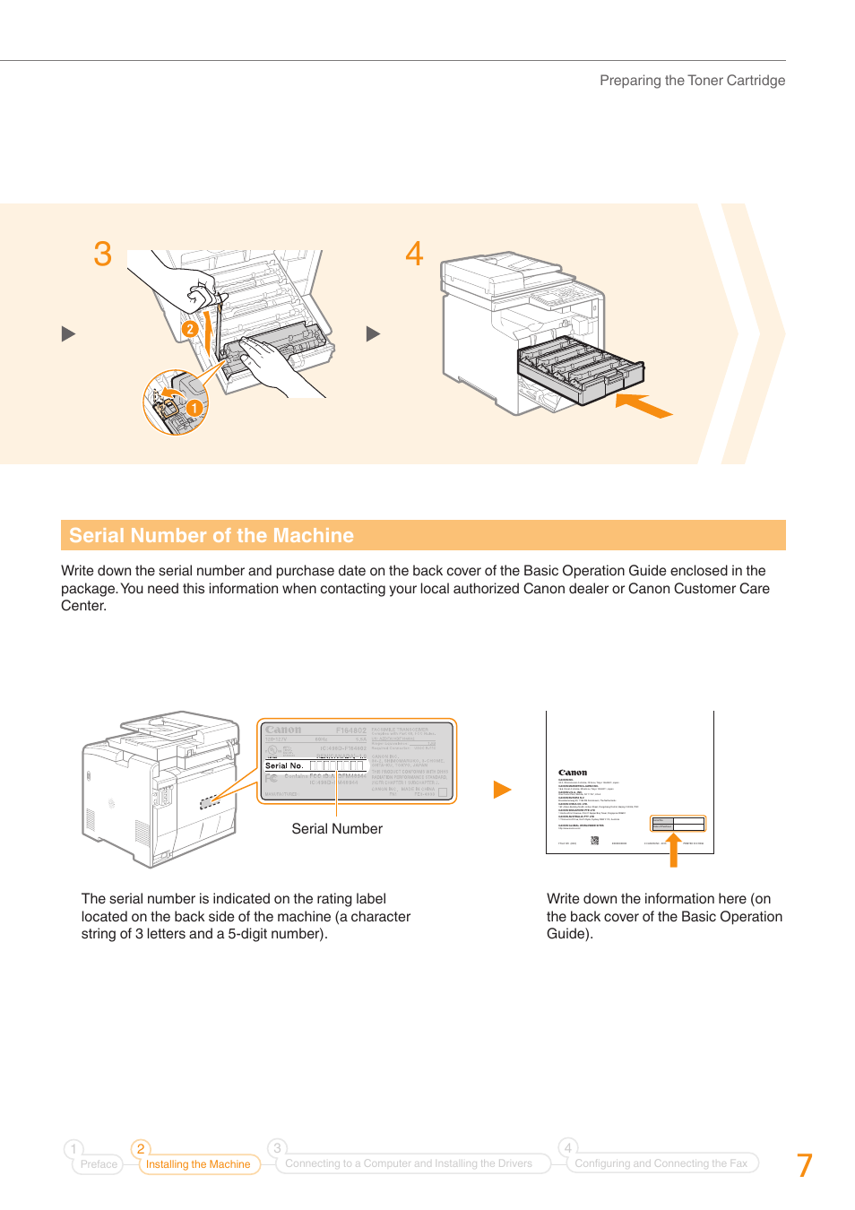 Serial number of the machine, Preparing the toner cartridge, Serial number | Canon Color imageCLASS MF8580Cdw User Manual | Page 7 / 36