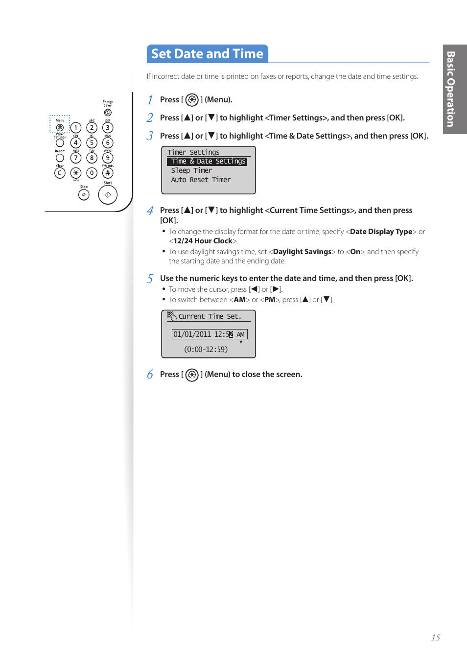 Set date and time, Set date and time …………………………………………………… 15, Basic oper a tion | Canon FAXPHONE L100 User Manual | Page 15 / 96