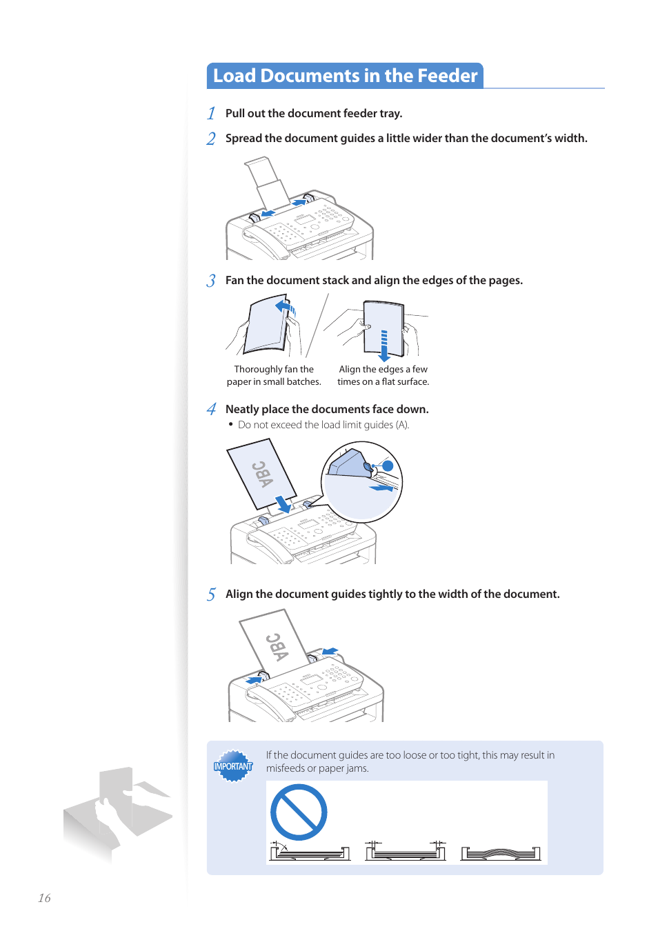 Load documents in the feeder, Load documents in the feeder ……………………………………… 16, P.16) | Load documents in the feeder 1 | Canon FAXPHONE L100 User Manual | Page 16 / 96