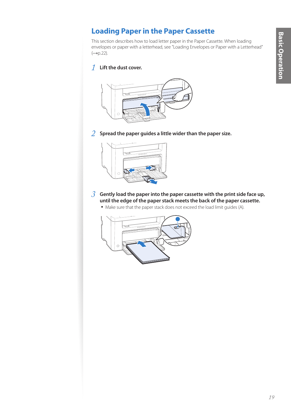 Loading paper in the paper cassette, P.19, Basic oper a tion | Canon FAXPHONE L100 User Manual | Page 19 / 96