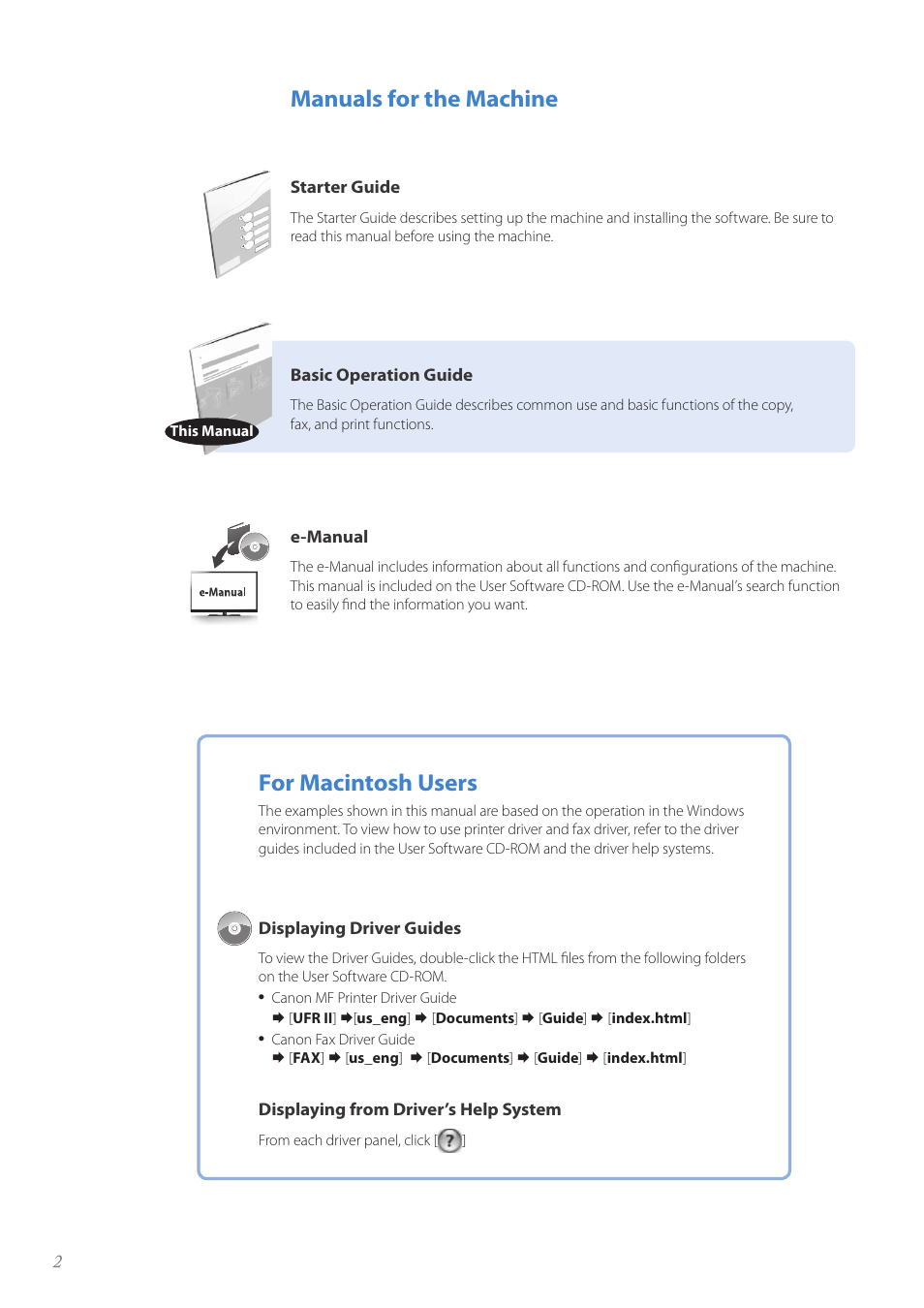 Manuals for the machine, For macintosh users | Canon FAXPHONE L100 User Manual | Page 2 / 96