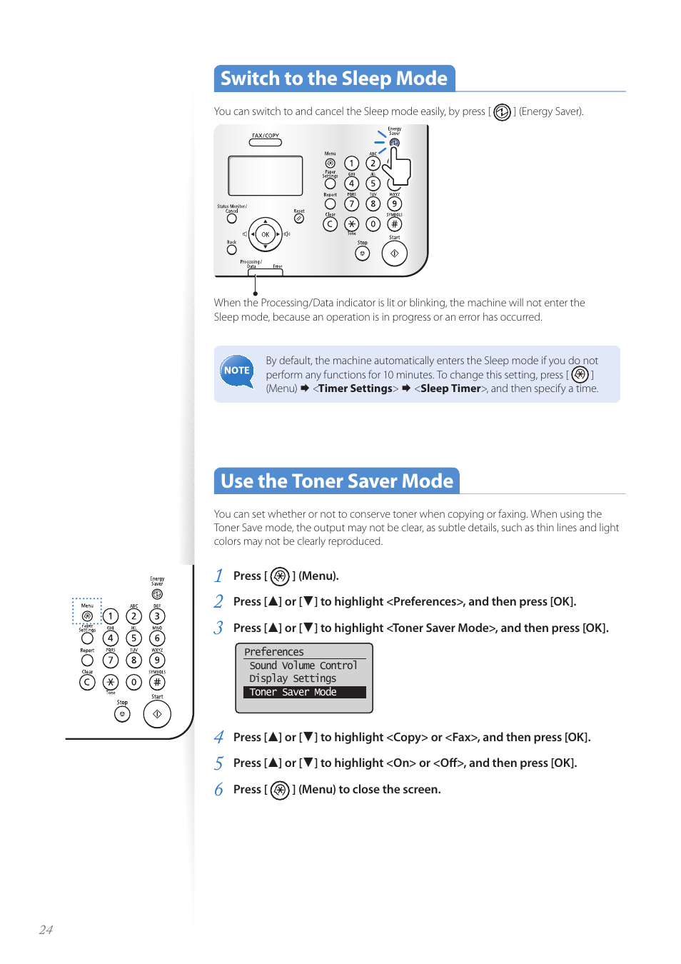 Switch to the sleep mode, Use the toner saver mode | Canon FAXPHONE L100 User Manual | Page 24 / 96