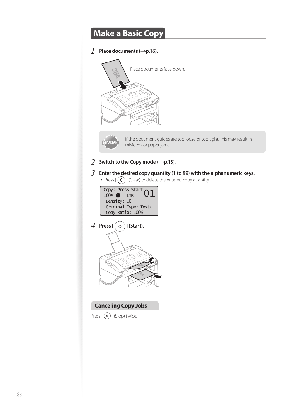 Make a basic copy, Make a basic copy …………………………………………………… 26, Make a basic copy 1 | Canon FAXPHONE L100 User Manual | Page 26 / 96