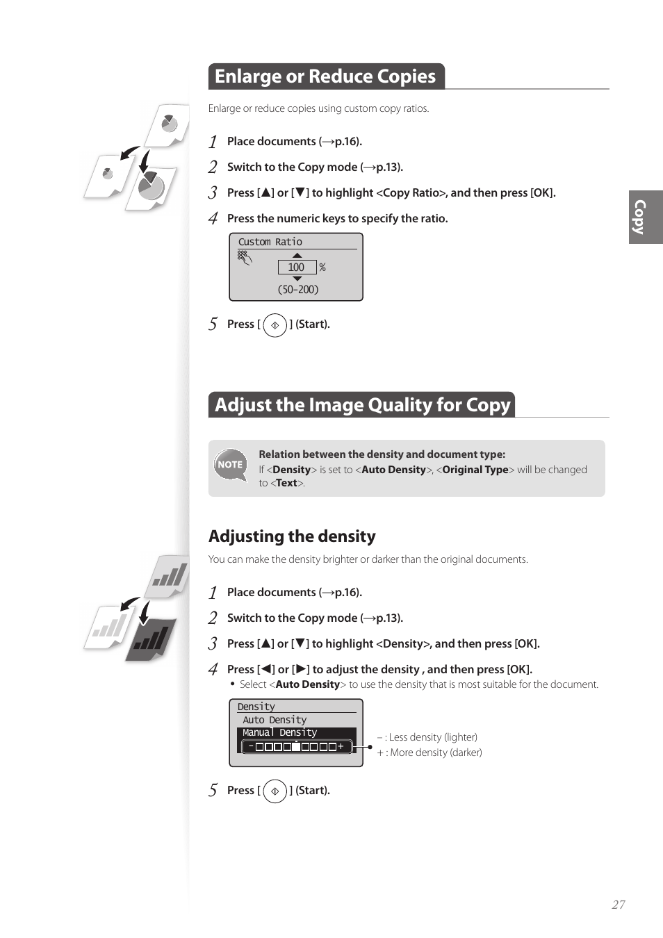 Enlarge or reduce copies, Adjust the image quality for copy, Adjusting the density | Adjusting the density ……………………………………………… 27 | Canon FAXPHONE L100 User Manual | Page 27 / 96