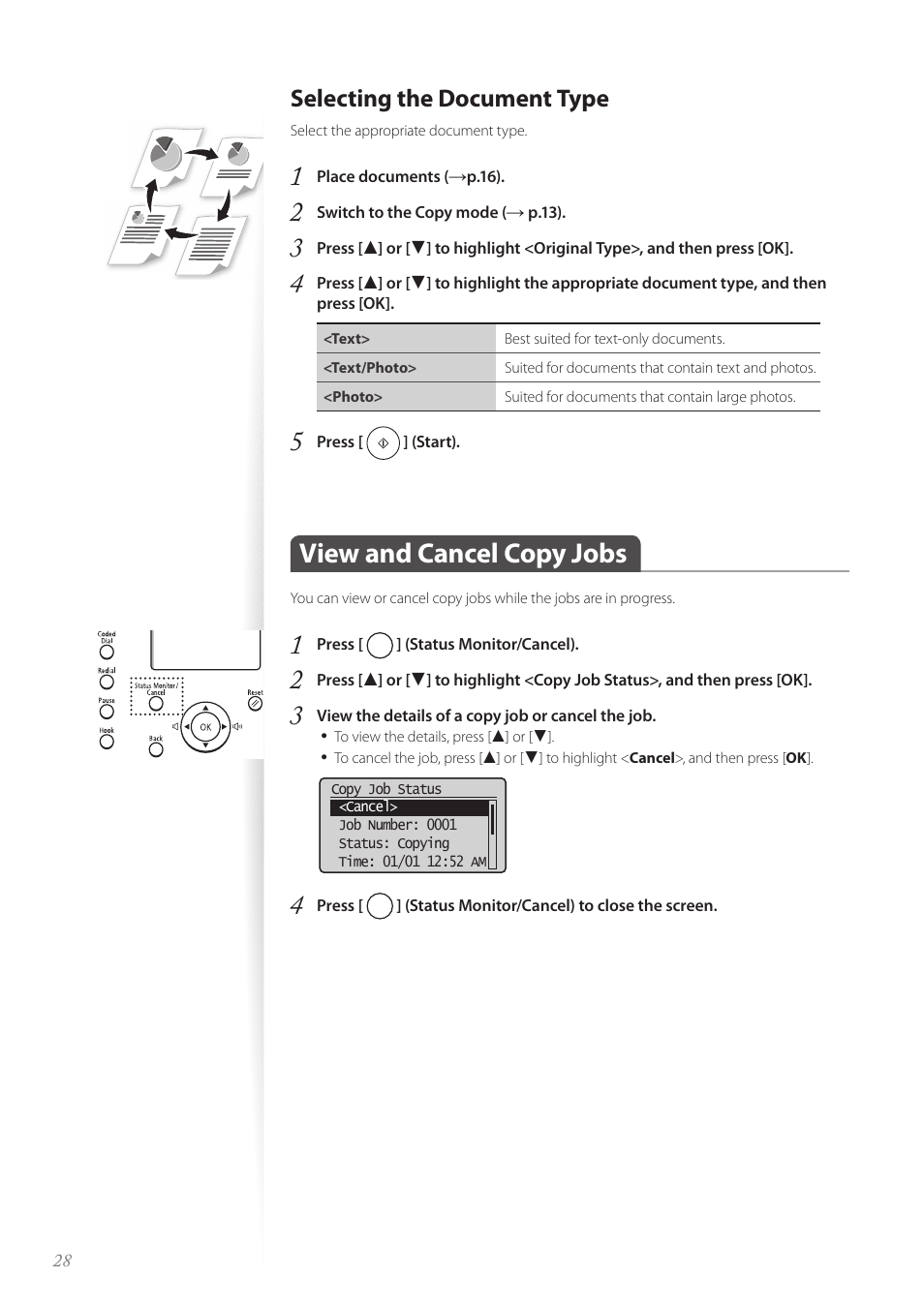 Selecting the document type, View and cancel copy jobs, Selecting the document type ……………………………………… 28 | View and cancel copy jobs ………………………………………… 28 | Canon FAXPHONE L100 User Manual | Page 28 / 96