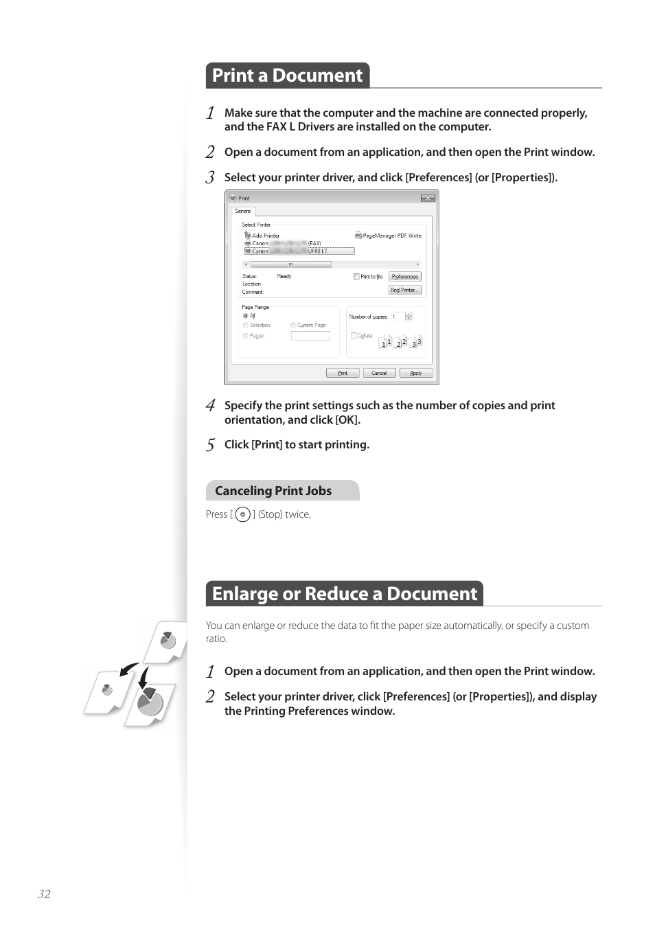 Print a document, Enlarge or reduce a document, Print a document 1 | Canon FAXPHONE L100 User Manual | Page 32 / 96