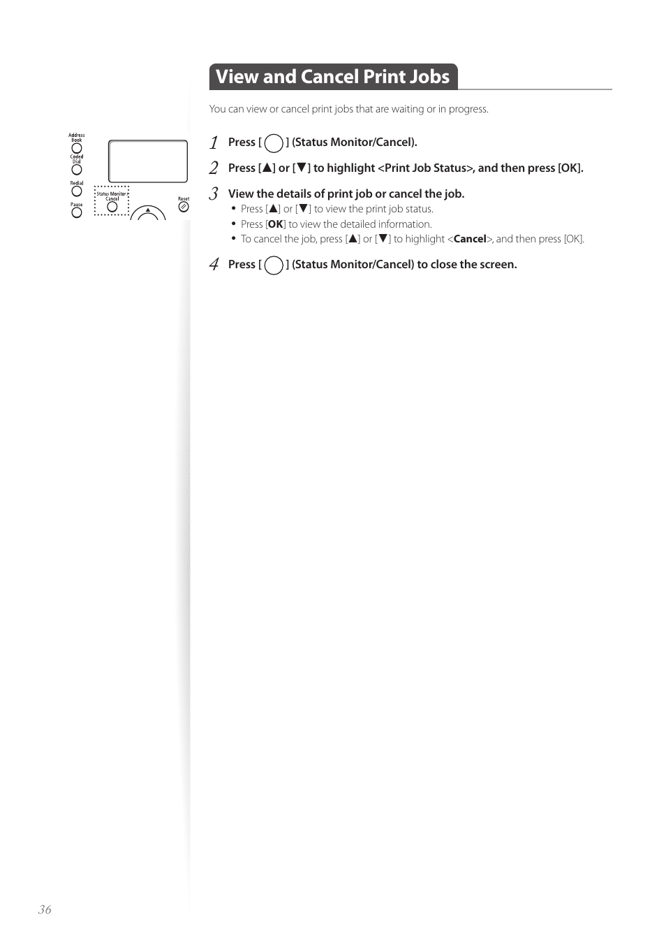 View and cancel print jobs, View and cancel print jobs …………………………………………… 36 | Canon FAXPHONE L100 User Manual | Page 36 / 96