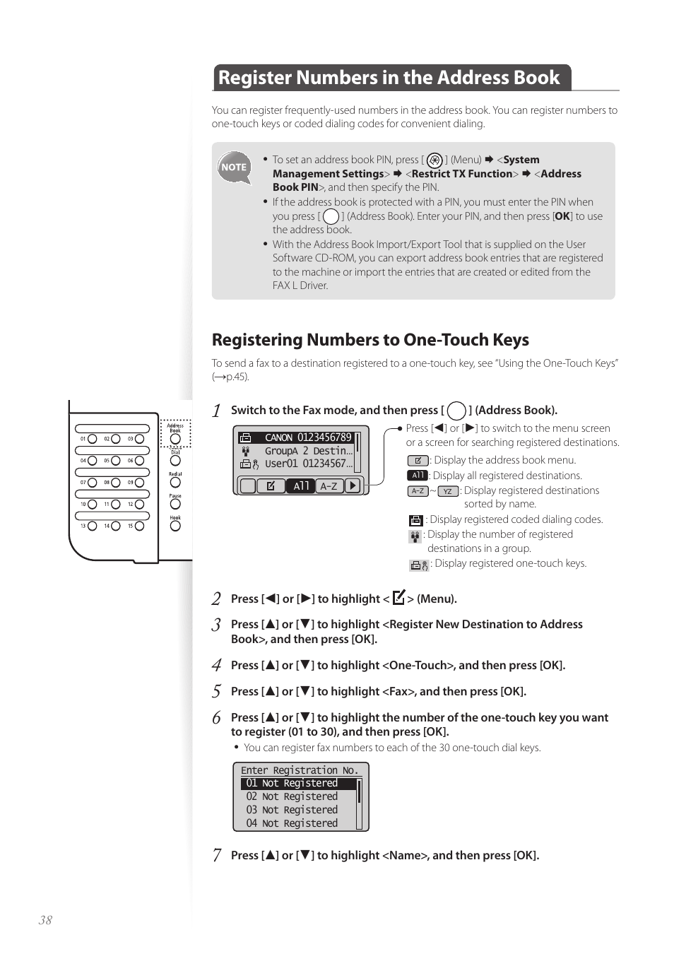 Register numbers in the address book, Registering numbers to one-touch keys | Canon FAXPHONE L100 User Manual | Page 38 / 96