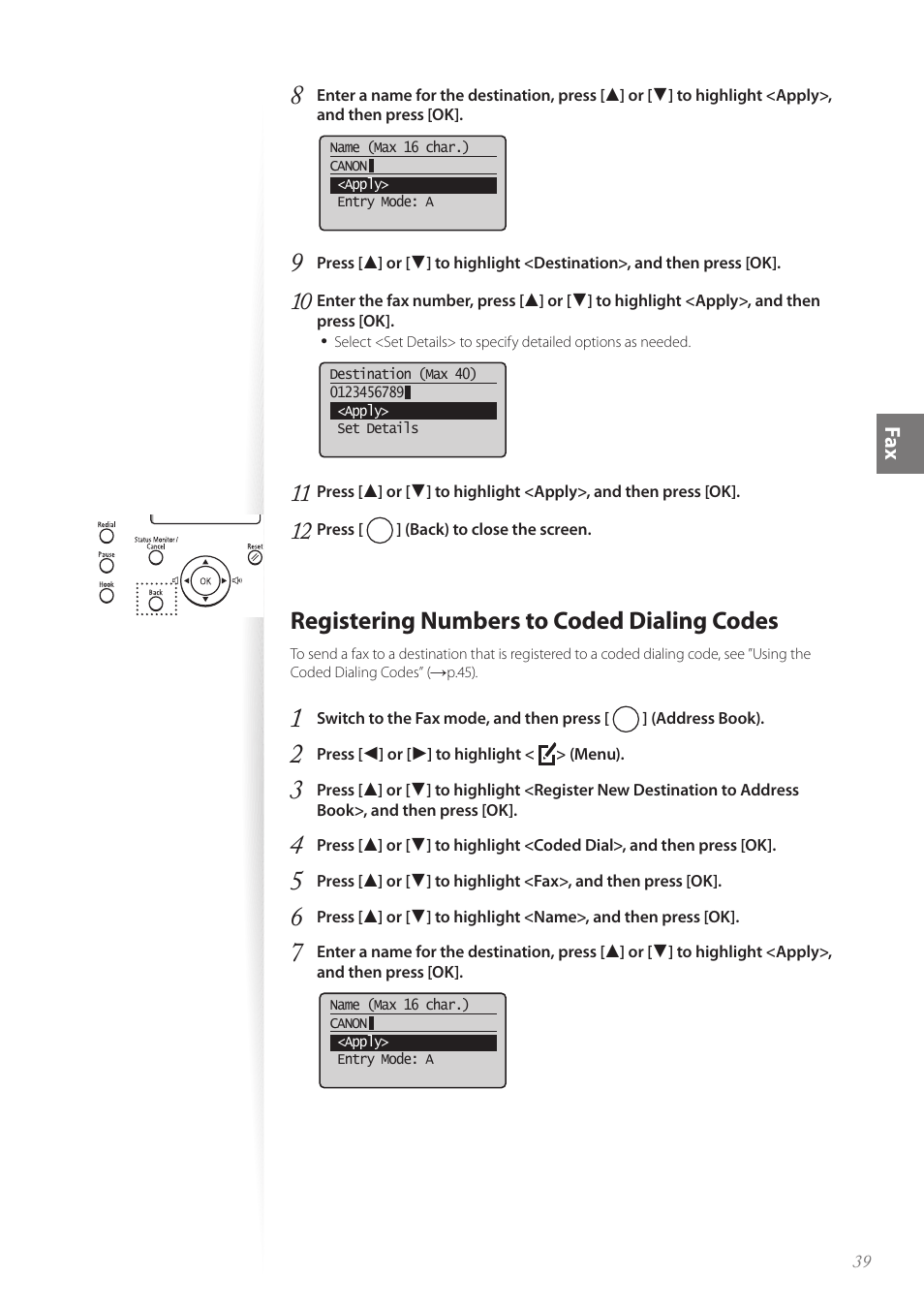 Registering numbers to coded dialing codes, Fa x | Canon FAXPHONE L100 User Manual | Page 39 / 96
