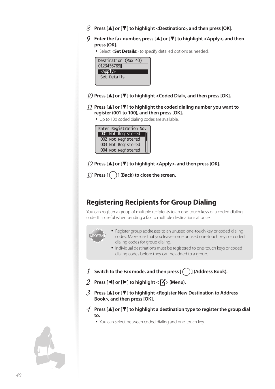 Registering recipients for group dialing | Canon FAXPHONE L100 User Manual | Page 40 / 96