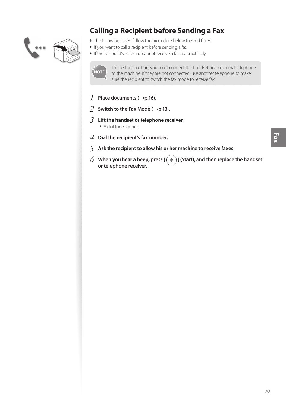 Calling a recipient before sending a fax | Canon FAXPHONE L100 User Manual | Page 49 / 96