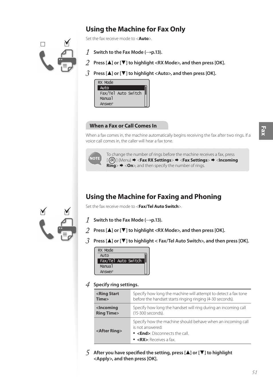 Using the machine for fax only, Using the machine for faxing and phoning, Fa x | Canon FAXPHONE L100 User Manual | Page 51 / 96