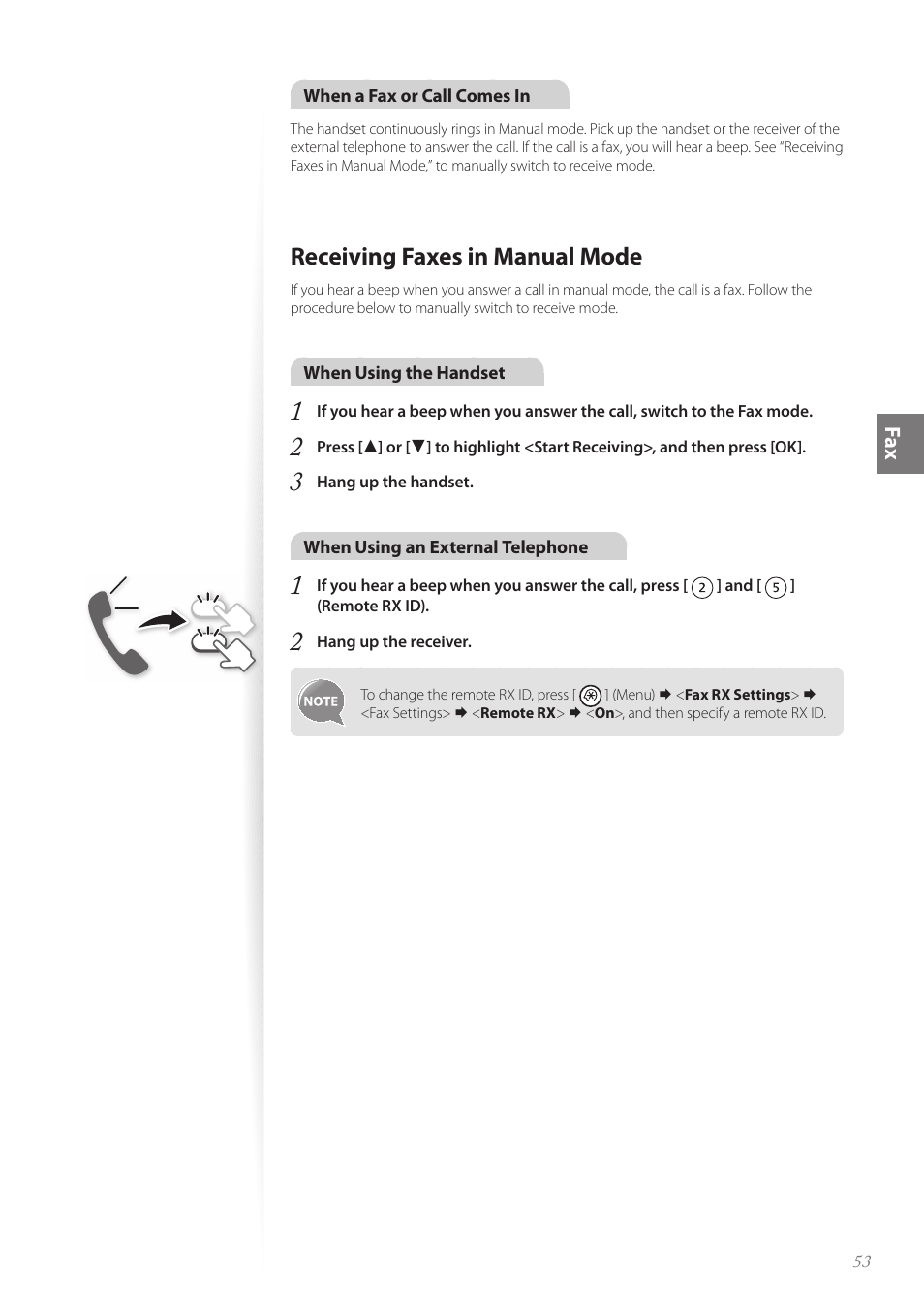 Receiving faxes in manual mode, Receiving faxes in manual mode …………………………………… 53 | Canon FAXPHONE L100 User Manual | Page 53 / 96