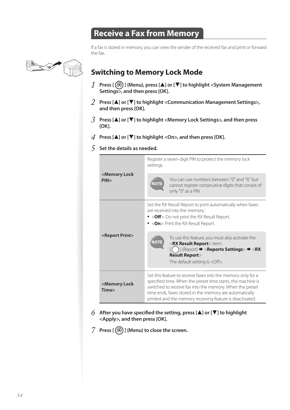 Receive a fax from memory, Switching to memory lock mode, P.54 | Receive a fax from memory ………………………………………… 54, Switching to memory lock mode …………………………………… 54 | Canon FAXPHONE L100 User Manual | Page 54 / 96