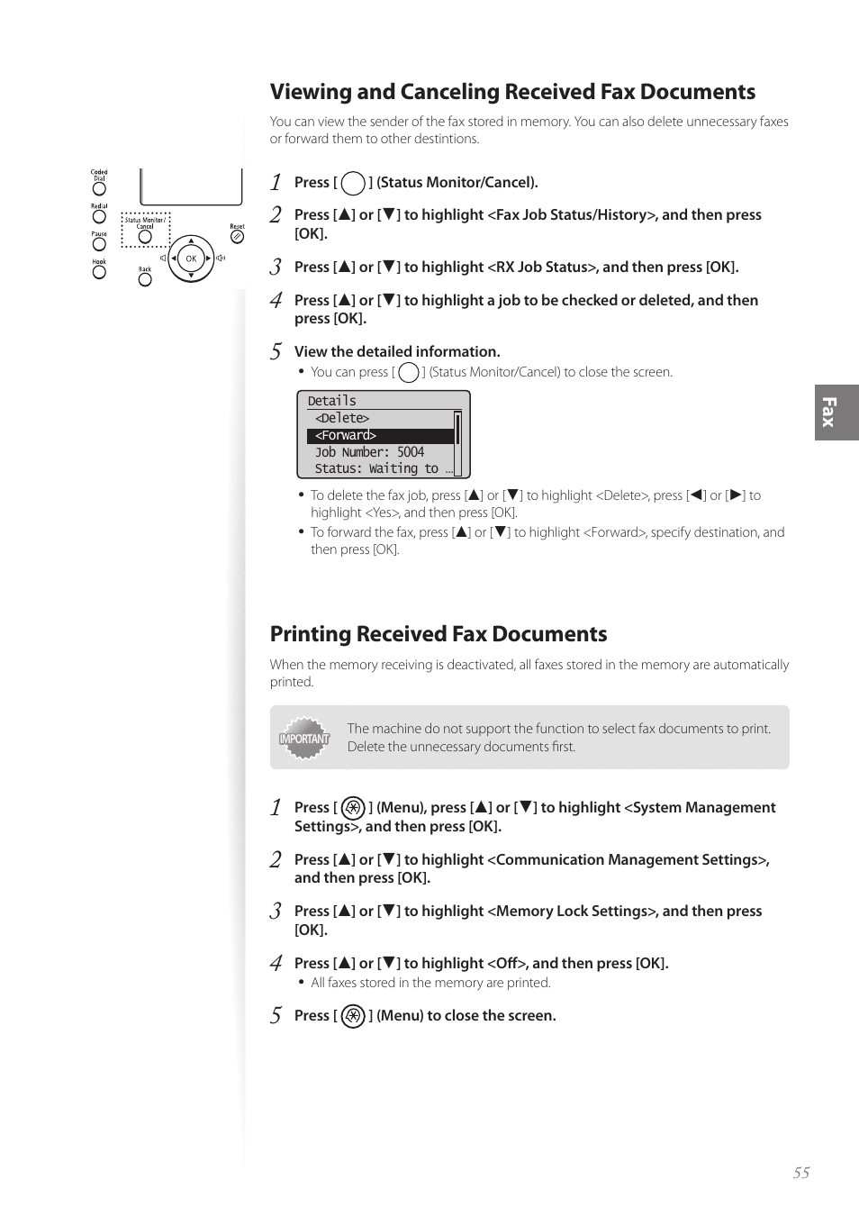 Viewing and canceling received fax documents, Printing received fax documents, Fa x | Canon FAXPHONE L100 User Manual | Page 55 / 96
