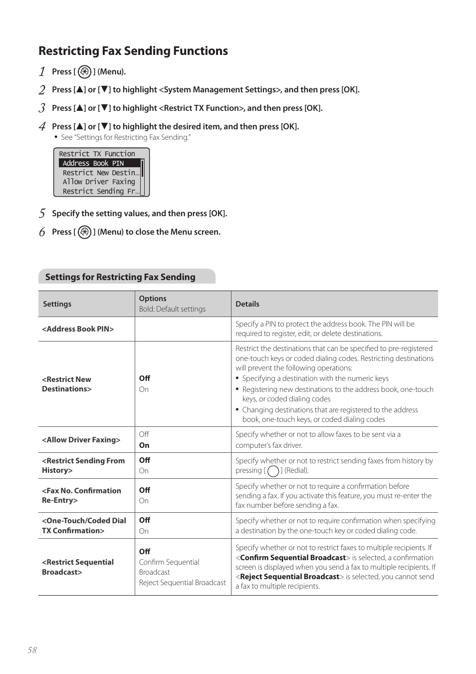 Restricting fax sending functions | Canon FAXPHONE L100 User Manual | Page 58 / 96