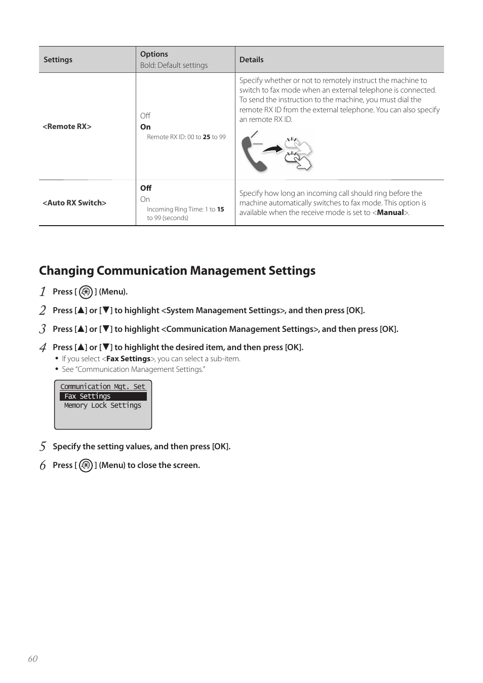 Changing communication management settings | Canon FAXPHONE L100 User Manual | Page 60 / 96