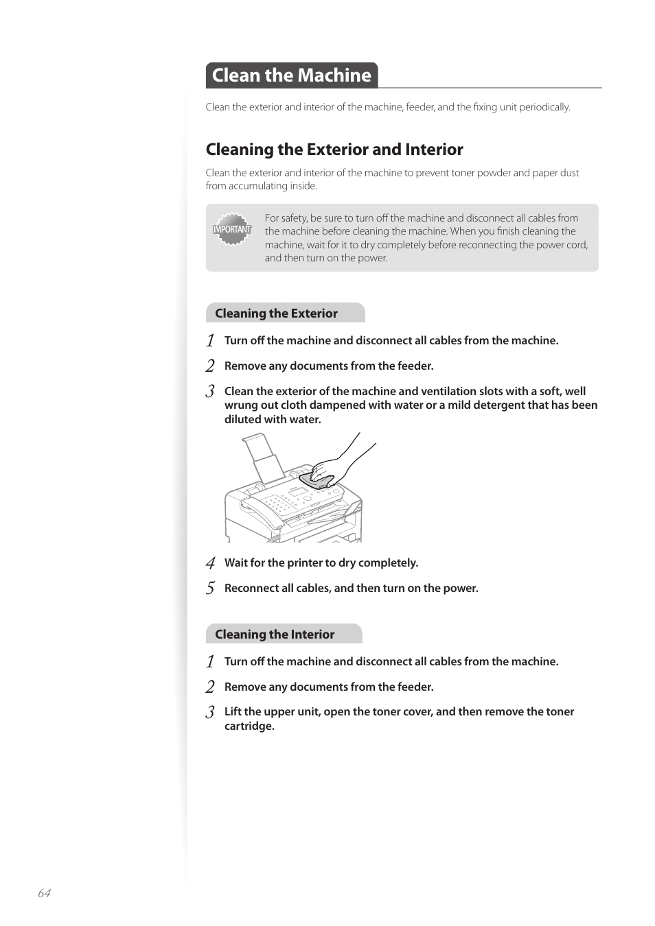 Clean the machine, Cleaning the exterior and interior, Clean the machine …………………………………………………… 64 | Canon FAXPHONE L100 User Manual | Page 64 / 96